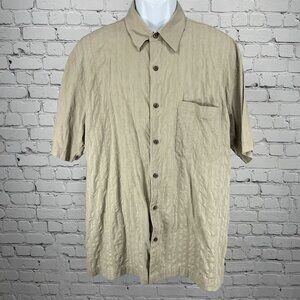 Kaid Beige Tan 100% Silk Textured Stripe Easy Care Button Up Shirt Size Medium M